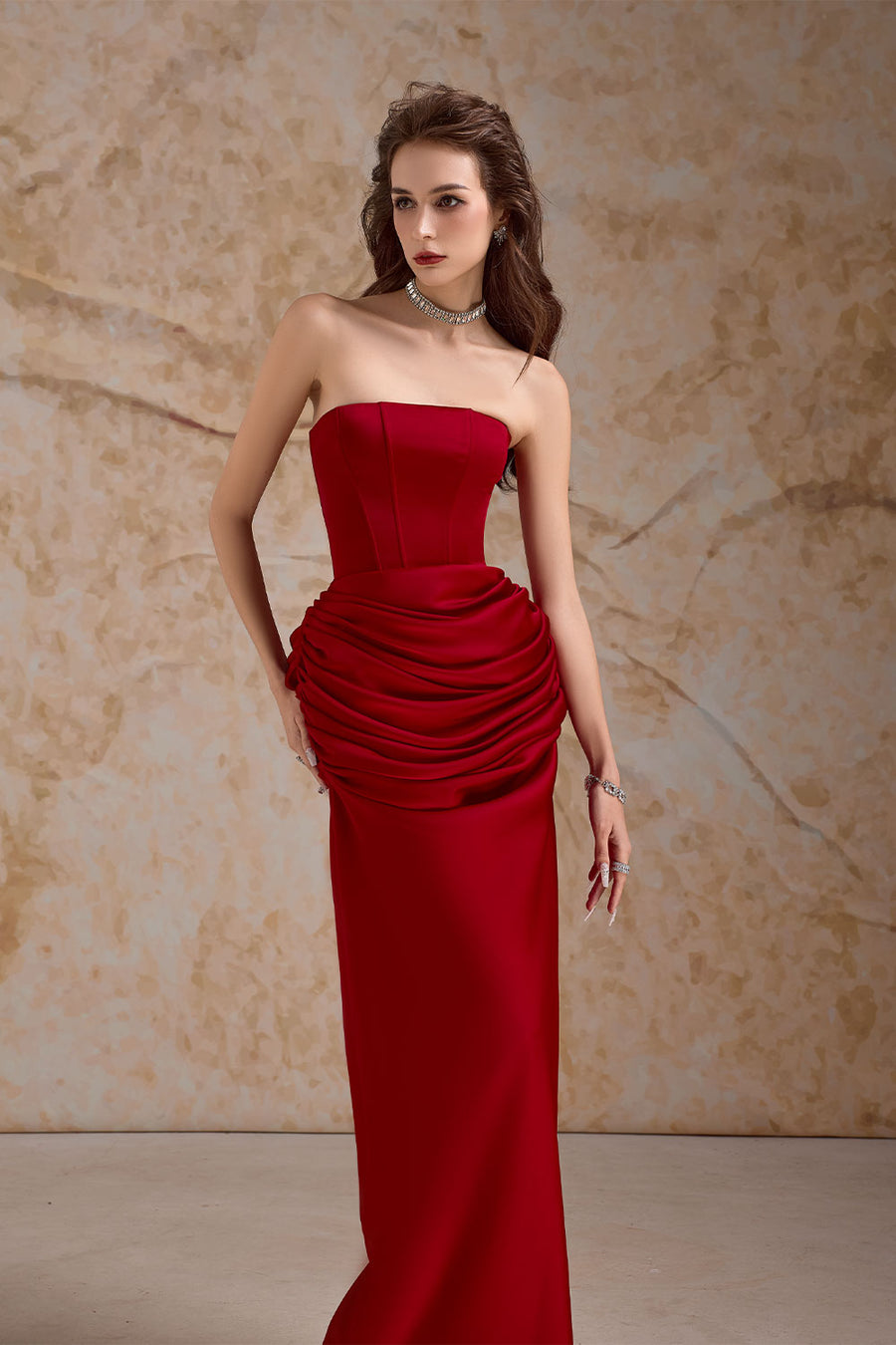 Evania Sheath Straight Across Neck Satin Floor Length Dress Gown Dress Calista de Minh Thanh