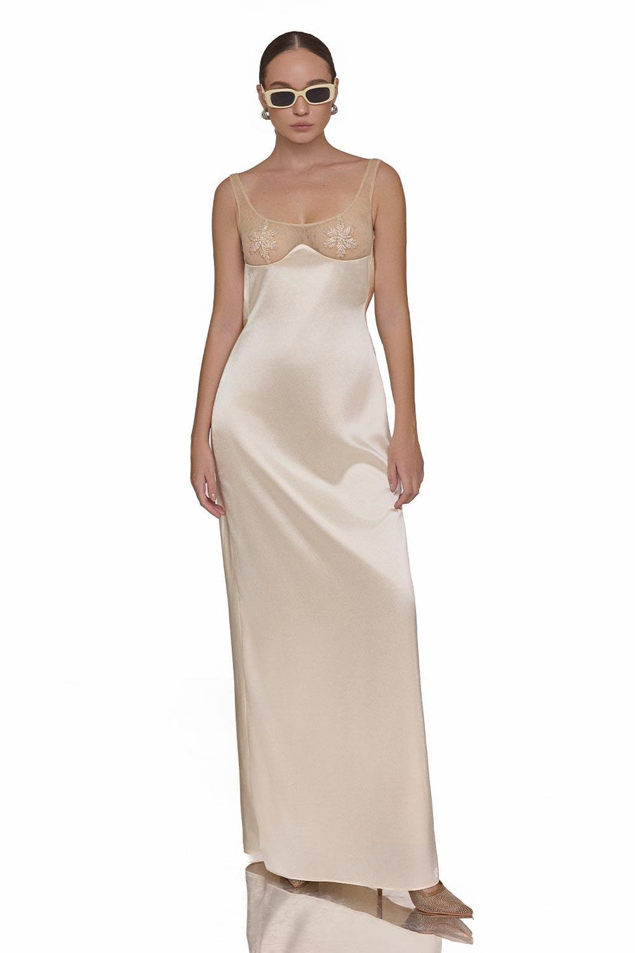 Snowy A-line Scoop Neck Mesh Silk Floor Length Dress 5