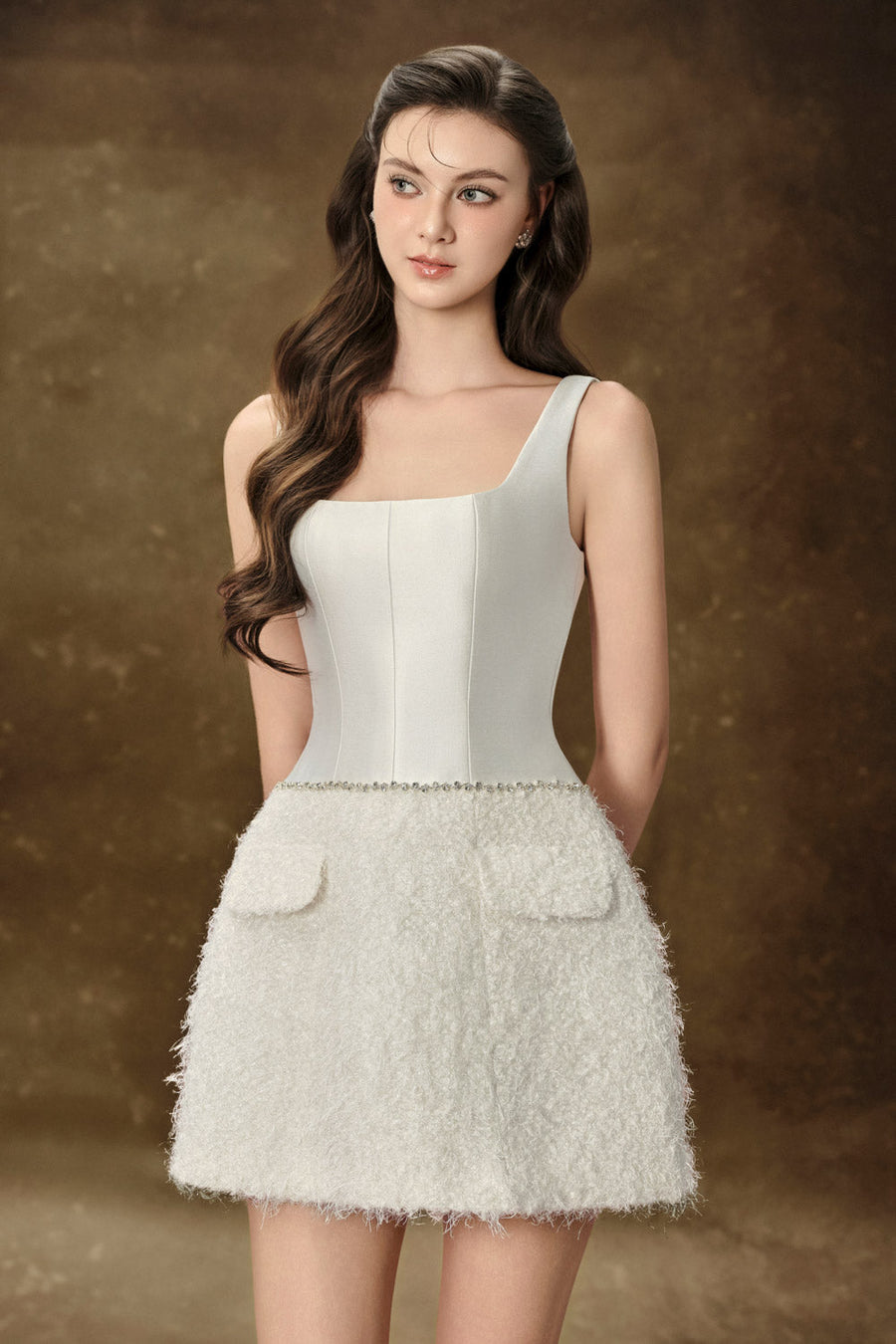 Eira A-line Strappy Tweed Mini Dress White Mini Dress Delicate