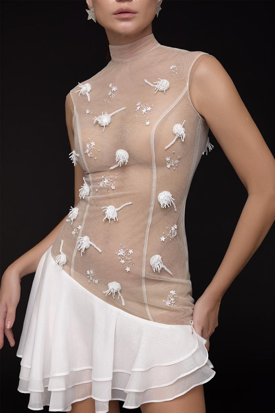 White Cherry Drop Waist High Neck Mesh Mini Dress 2