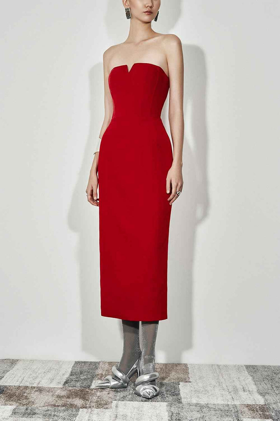 Edana Sheath Open Shoulder Velvet Midi Dress