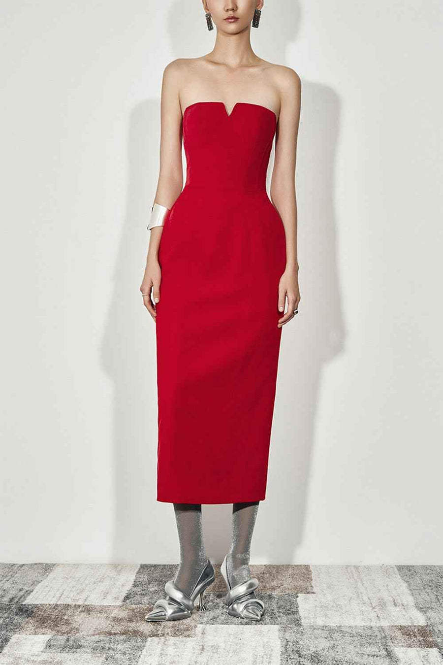 Edana Sheath Open Shoulder Velvet Midi Dress
