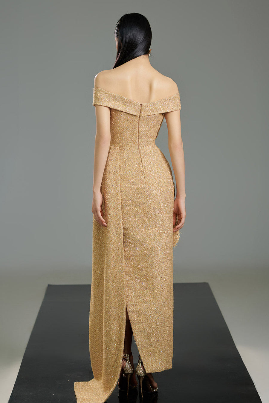 Dominic Pegged Off-Shoulder Polyester Maxi Dress 4
