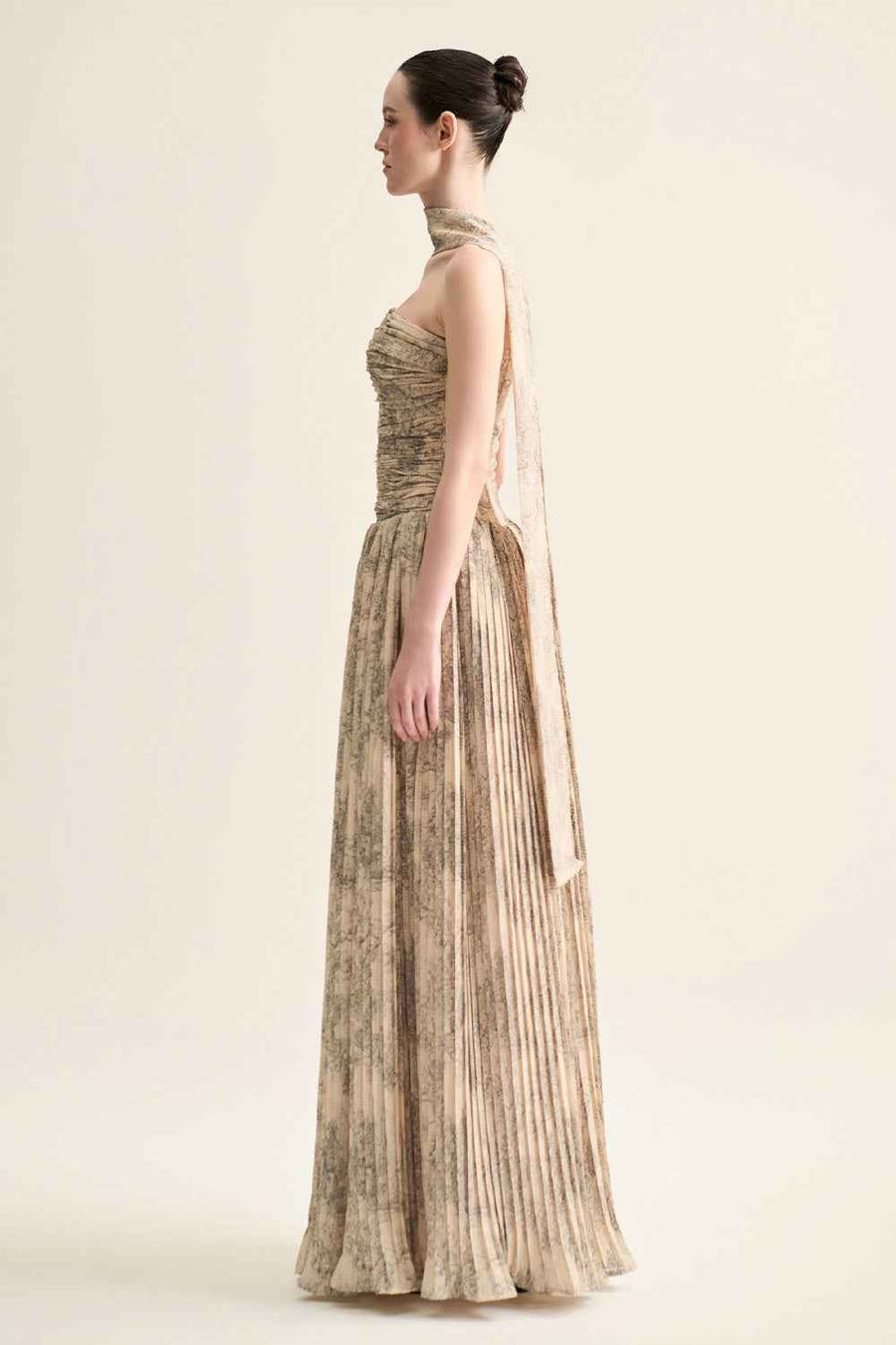 Cascade Gathered Open Shoulder Polyester Floor Length Dress