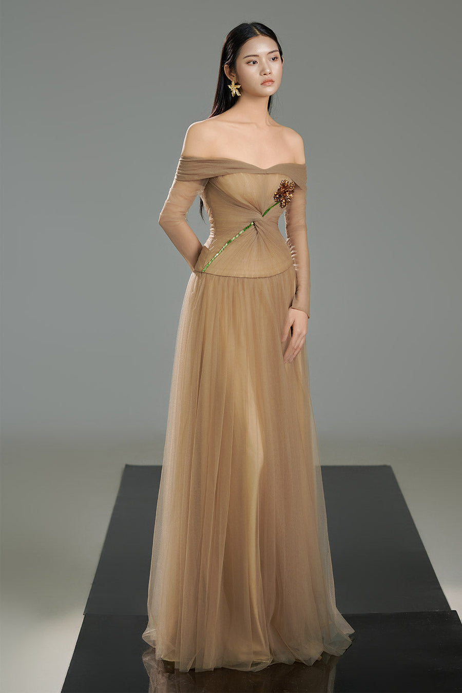 Rodrigo Gathered Stone Polyester Floor Length Dress 4
