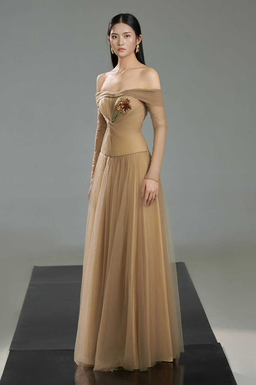 Rodrigo Gathered Stone Polyester Floor Length Dress 5