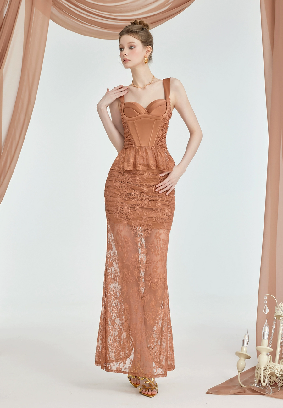 RESSALINA Lefae Lace Satin Splicing Fishbone Atmosphere Set Half Skirt Strap Two Piece Set Summer Set RESSALINA