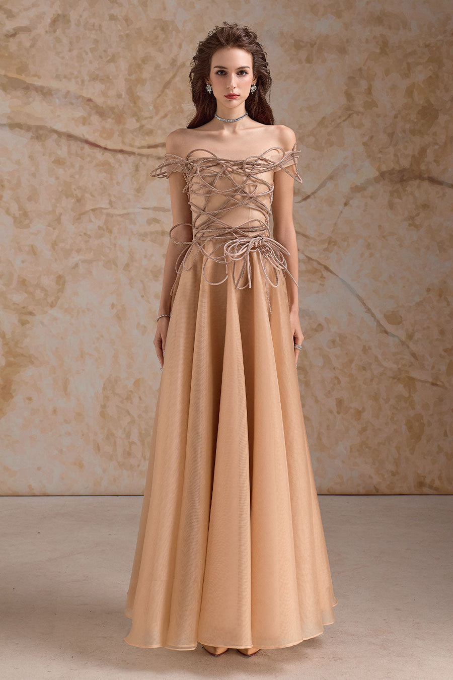 Julissa A-line Off-Shoulder Mesh Floor Length Dress Gown Dress Calista de Minh Thanh