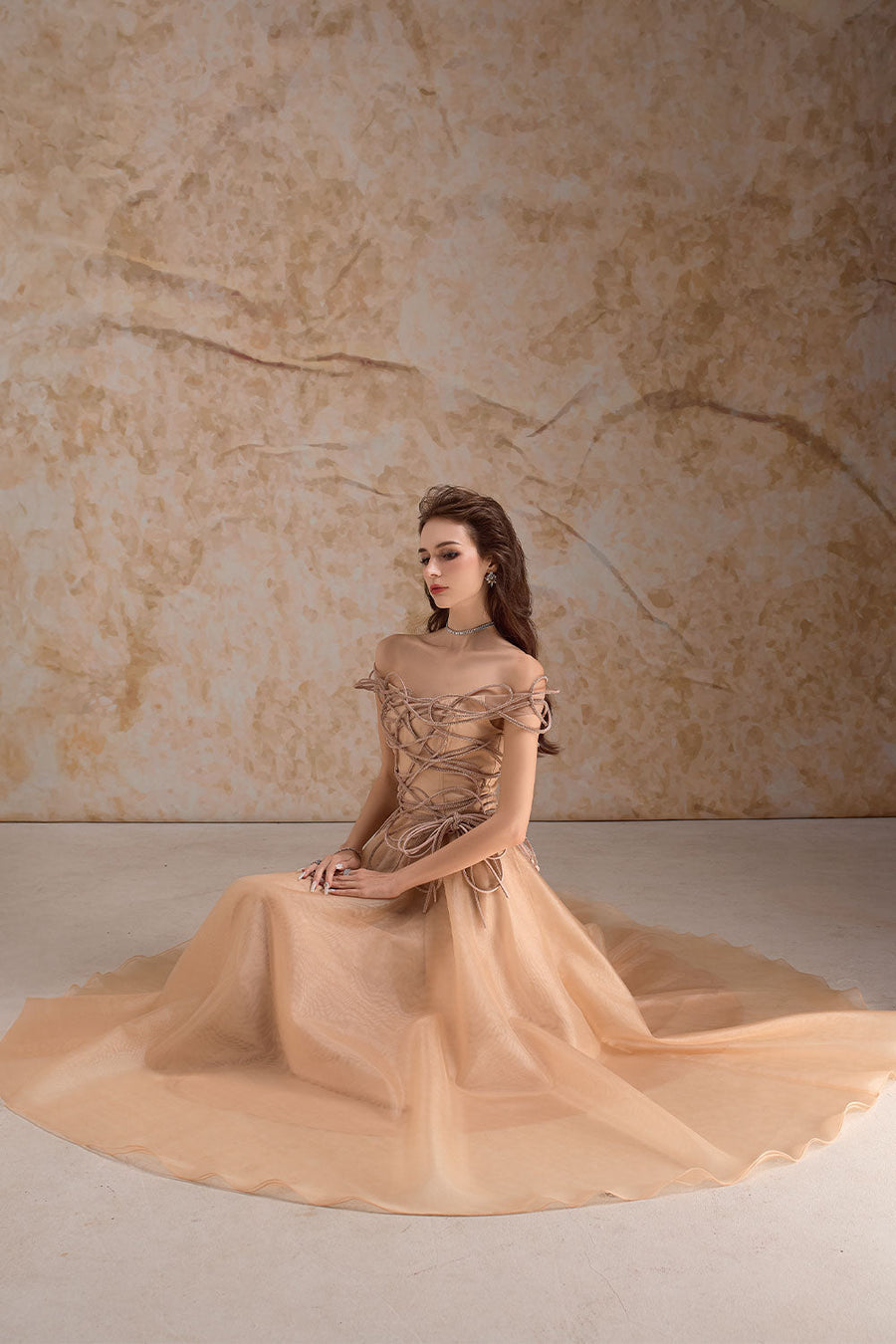 Julissa A-line Off-Shoulder Mesh Floor Length Dress Gown Dress Calista de Minh Thanh