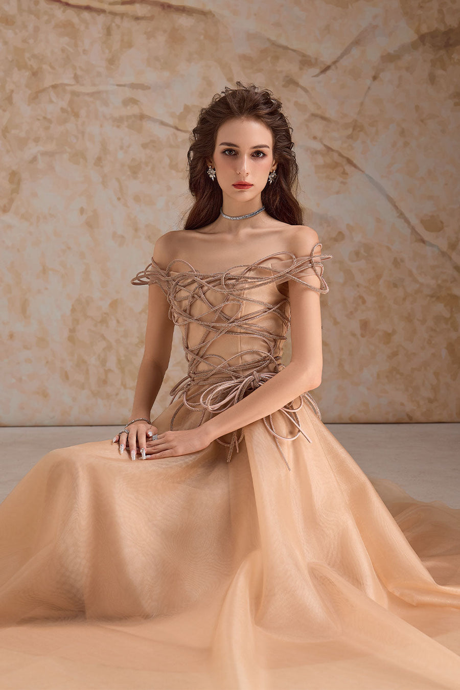 Julissa A-line Off-Shoulder Mesh Floor Length Dress Gown Dress Calista de Minh Thanh