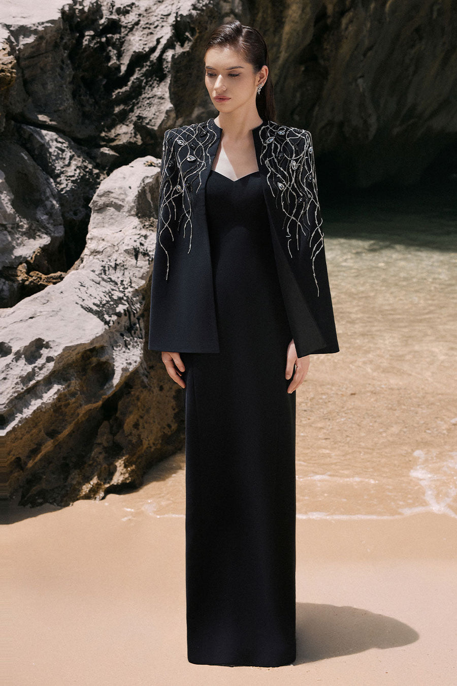 Yara Cape Semi-Heart Neck Velvet Satin Floor Length Set 1