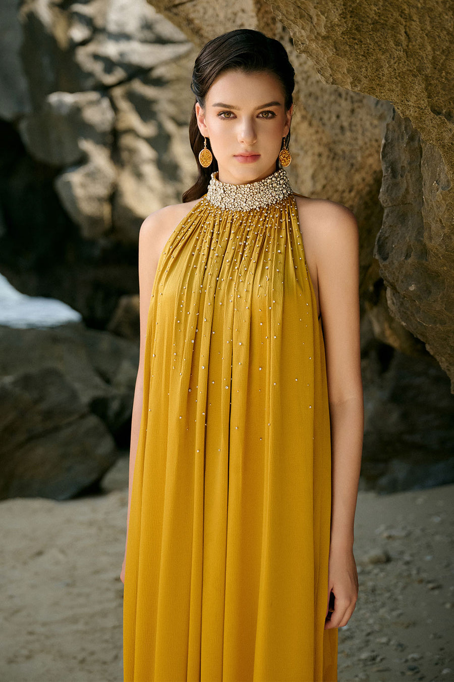 Catalina Straight High Neck Silk Floor Length Dress 2