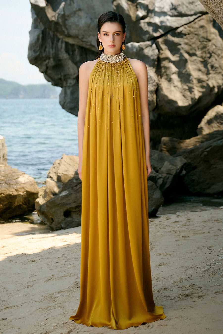 Catalina Straight High Neck Silk Floor Length Dress 4