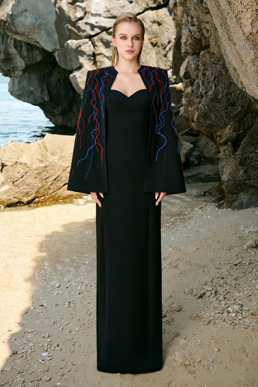 Elliana Cape Semi-Heart Neck Velvet Satin Floor Length Set 1