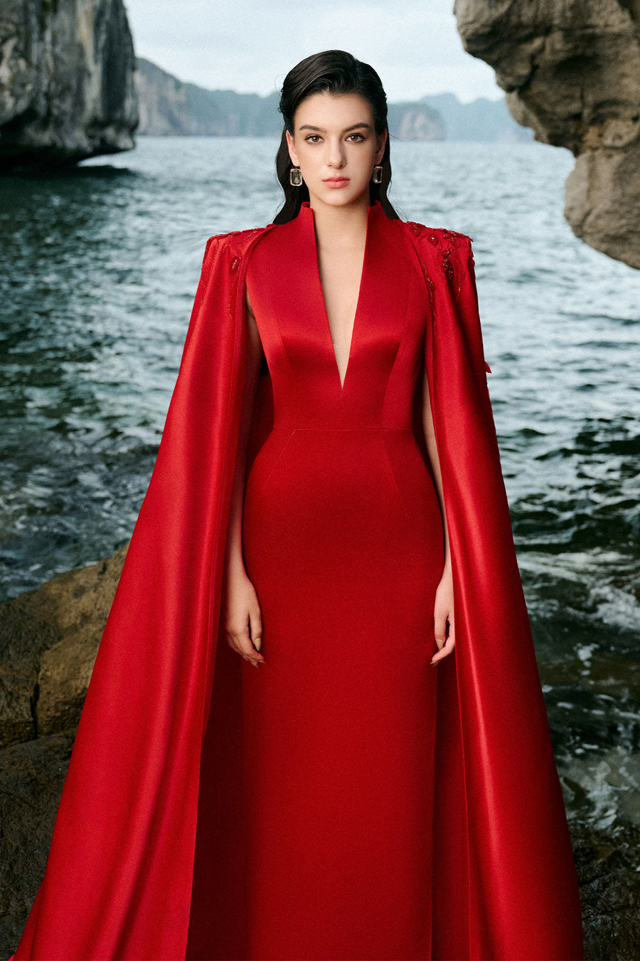 Anya Cape Plunge Neck Duchess Satin Extra Long Length Set 2