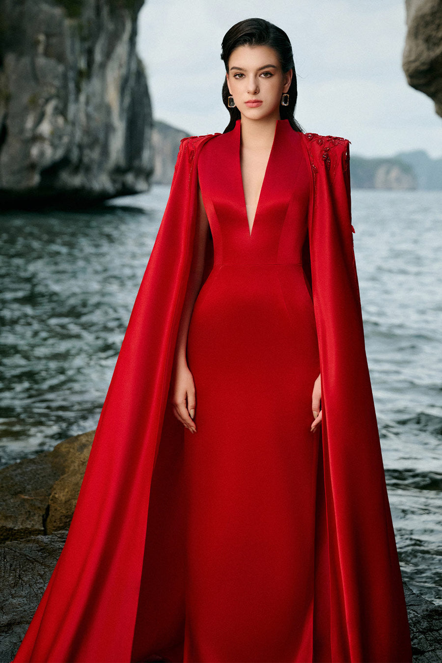 Anya Cape Plunge Neck Duchess Satin Extra Long Length Set 3