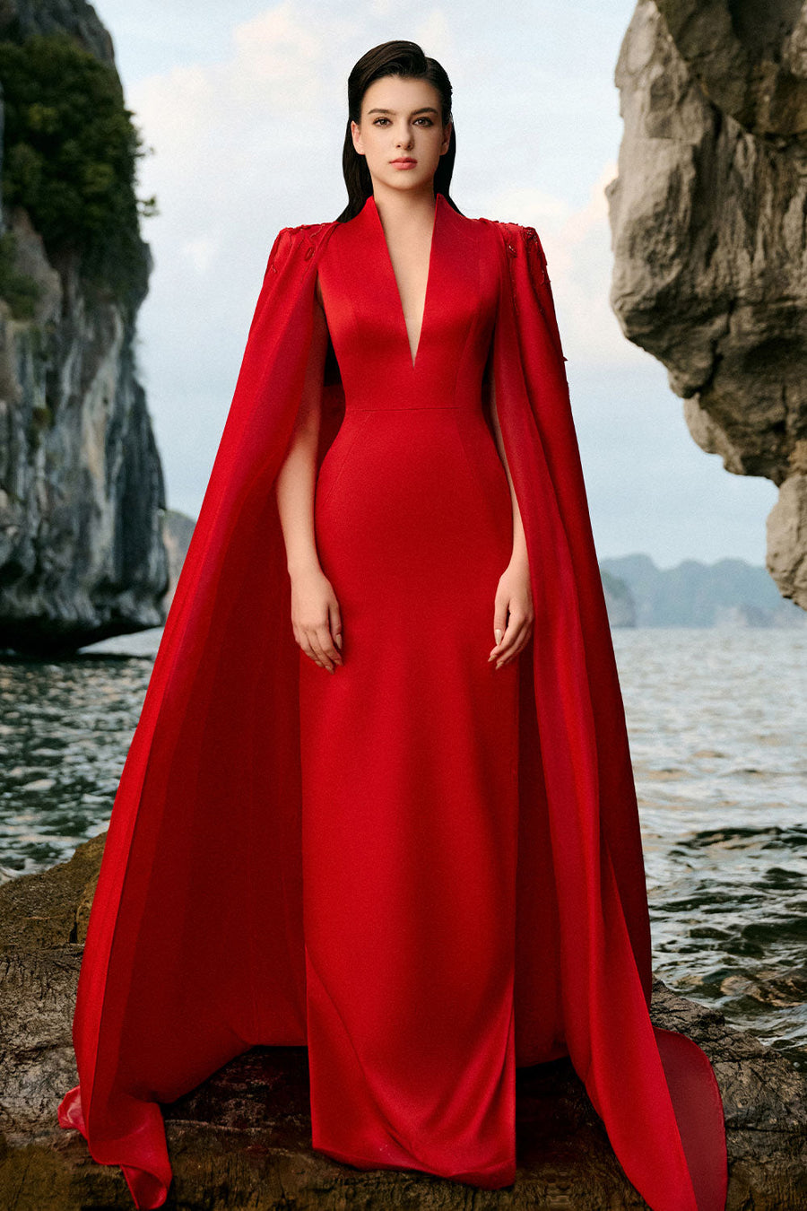 Anya Cape Plunge Neck Duchess Satin Extra Long Length Set 8