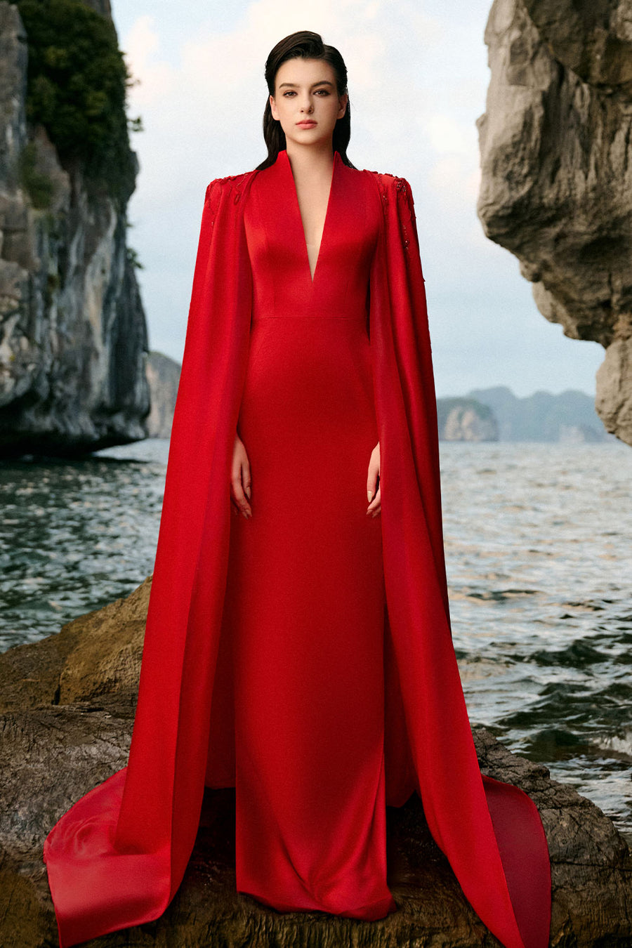 Anya Cape Plunge Neck Duchess Satin Extra Long Length Set 1
