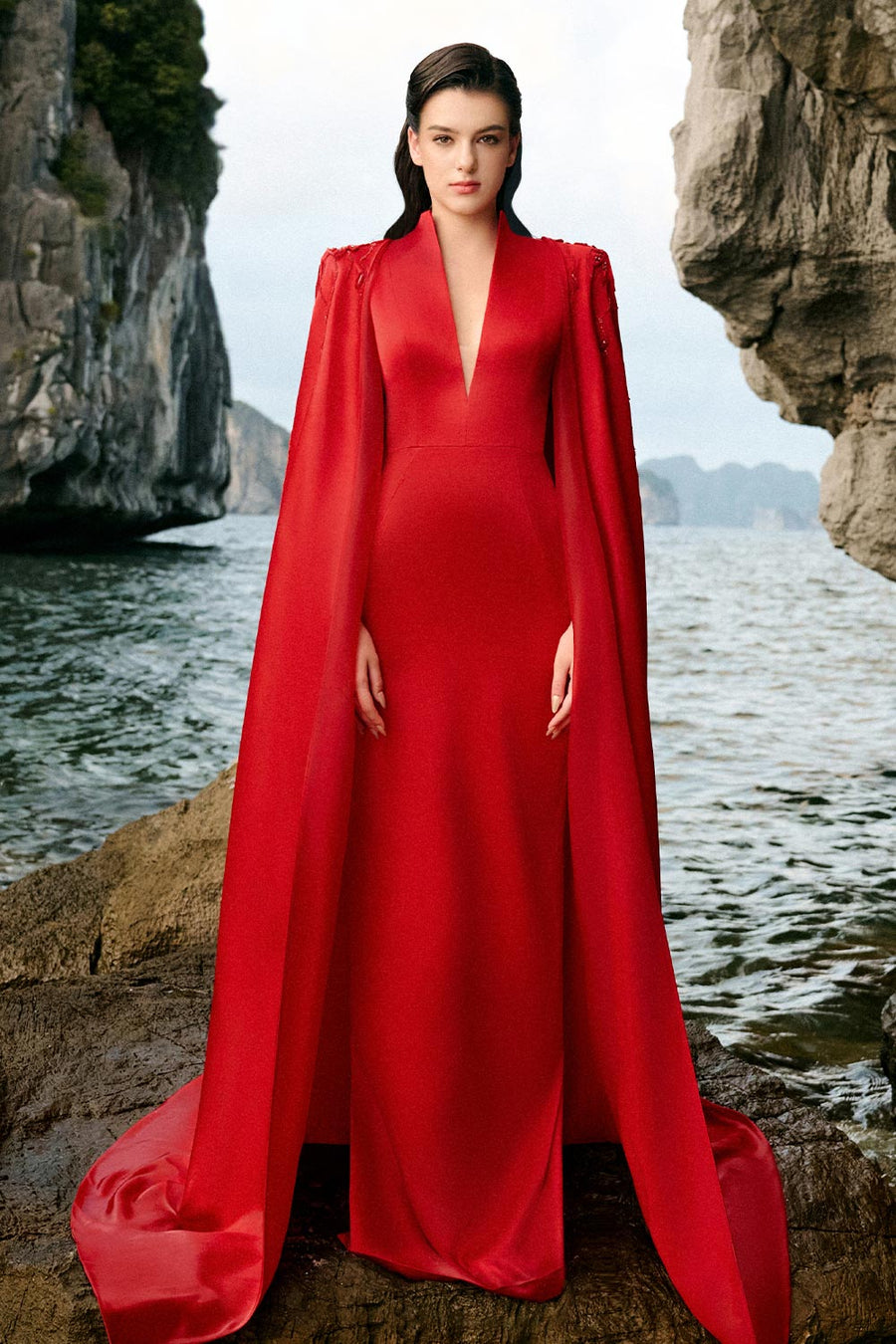 Anya Cape Plunge Neck Duchess Satin Extra Long Length Set 7