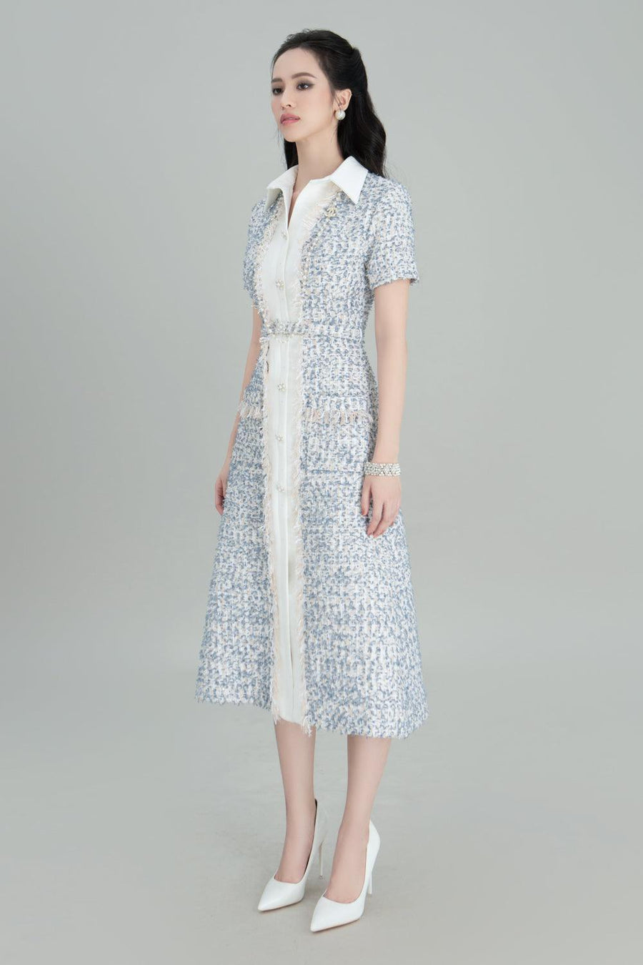 Yuki A-line Short Sleeved Tweed Midi Dress Blue Midi Dress Darling Diva