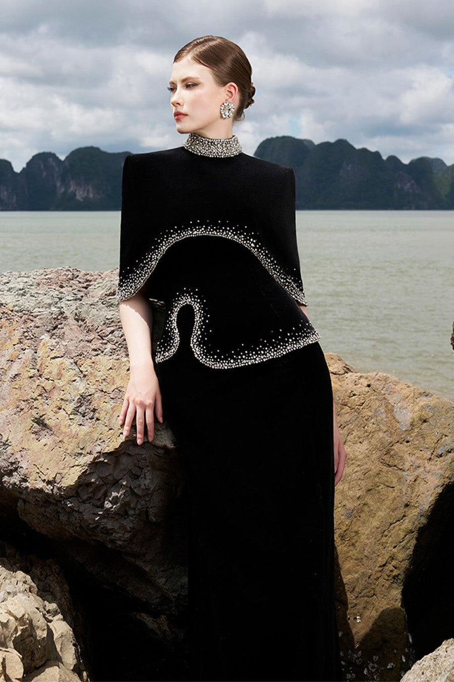 Ramsey Cropped High Neck Velvet Cape Cape TRACY STUDIO
