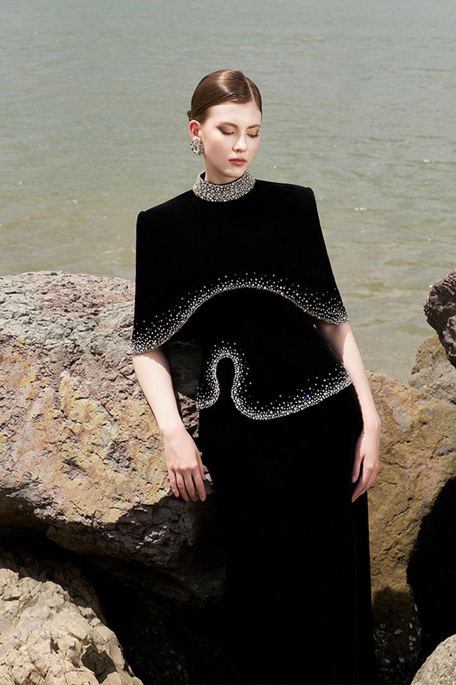 Ramsey Cropped High Neck Velvet Cape Cape TRACY STUDIO