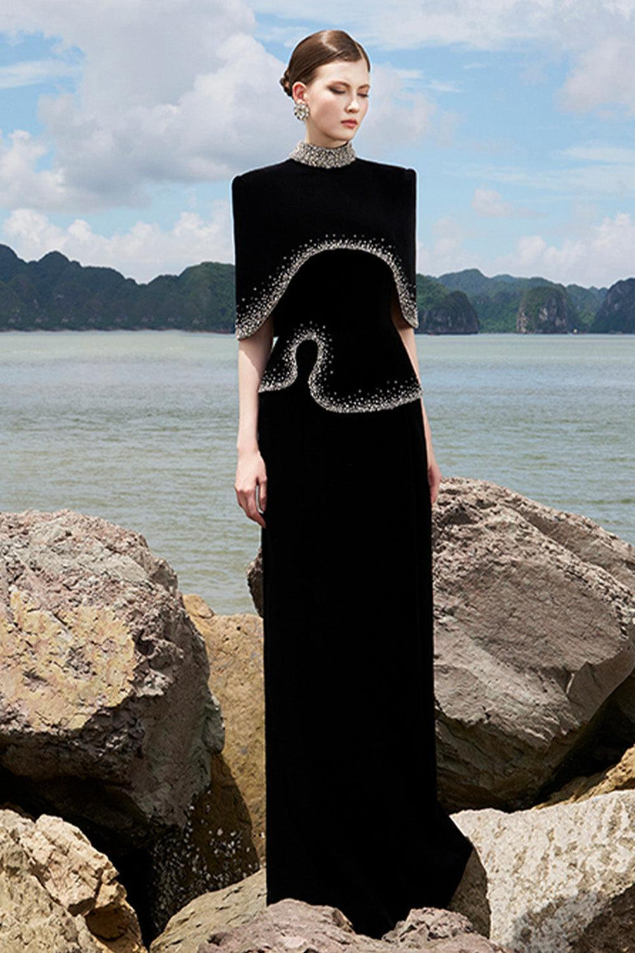 Ramsey Cropped High Neck Velvet Cape Cape TRACY STUDIO
