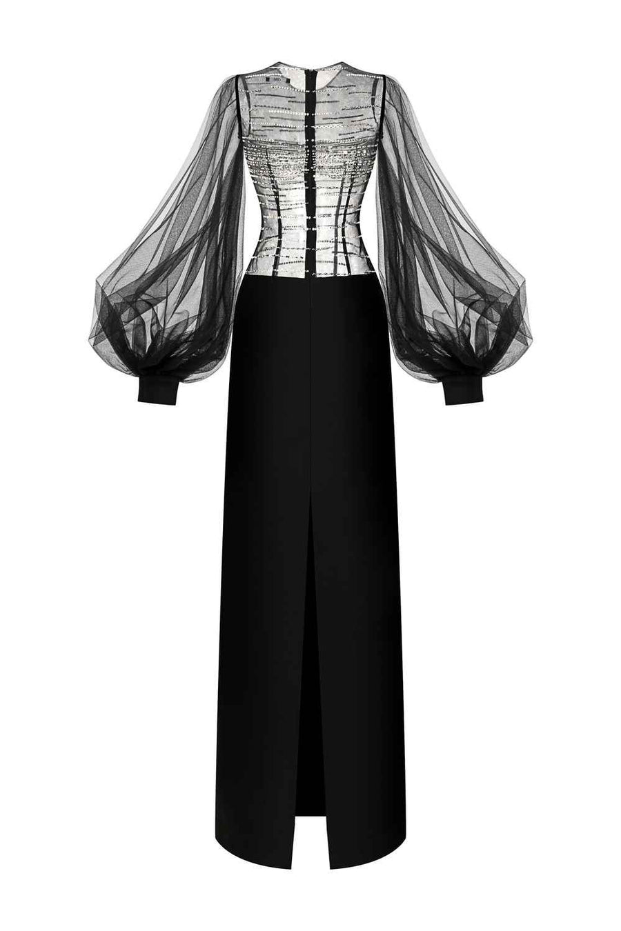 Kaelis Sheath Bishop Sleeved Crepe Floor Length Dress