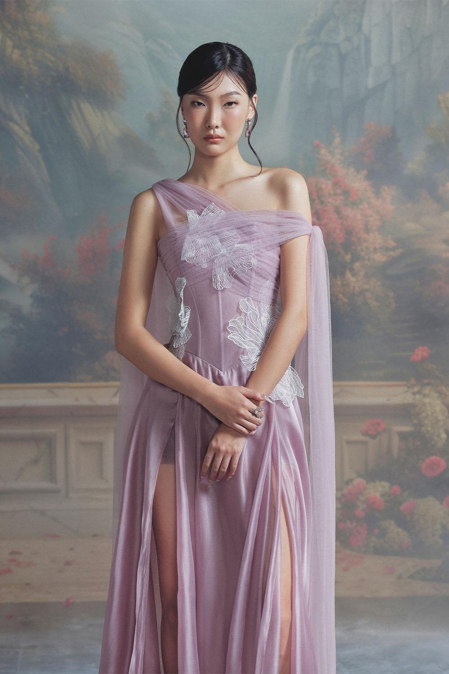 Amethyst Slit Extended Flap Chiffon Floor Length Dress Lilac Gown Dress LINH PHUNG