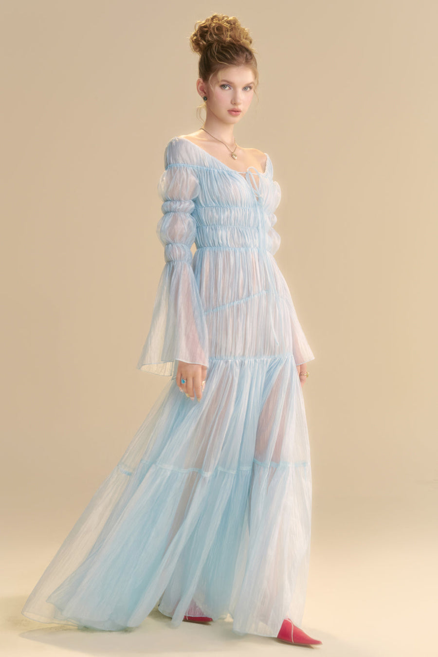 Aquarelle Poet Sleeve Gathering Maxi Dress 5