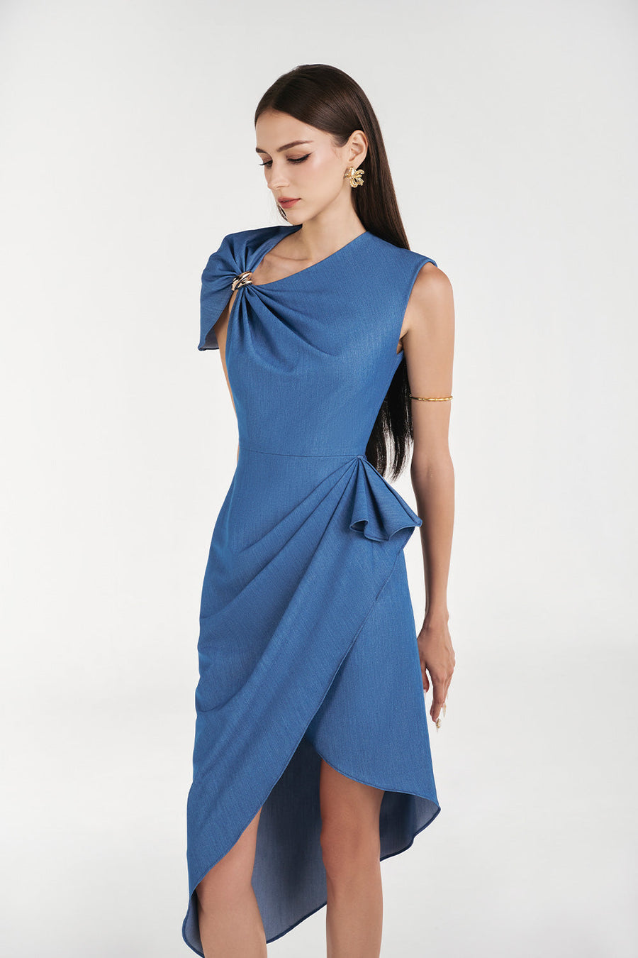 Audra Wrap Asymmetric Sleeved Denim Knee-length Dress 2