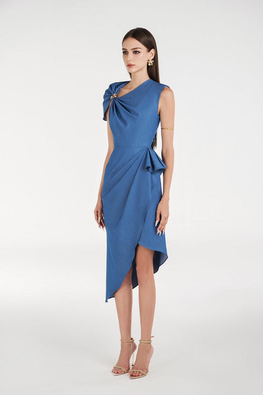 Audra Wrap Asymmetric Sleeved Denim Knee-length Dress 4
