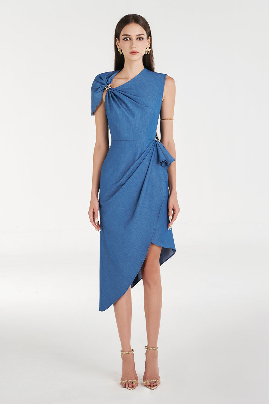 Audra Wrap Asymmetric Sleeved Denim Knee-length Dress 1