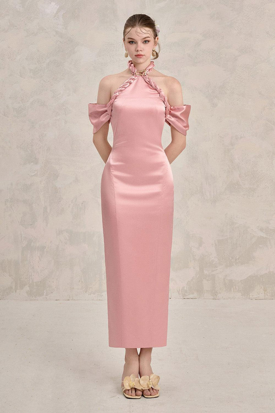 Avara Sheath Cold Shoulder Sleeved Silk Ankle Length Dress Maxi Dress LINH PHUNG