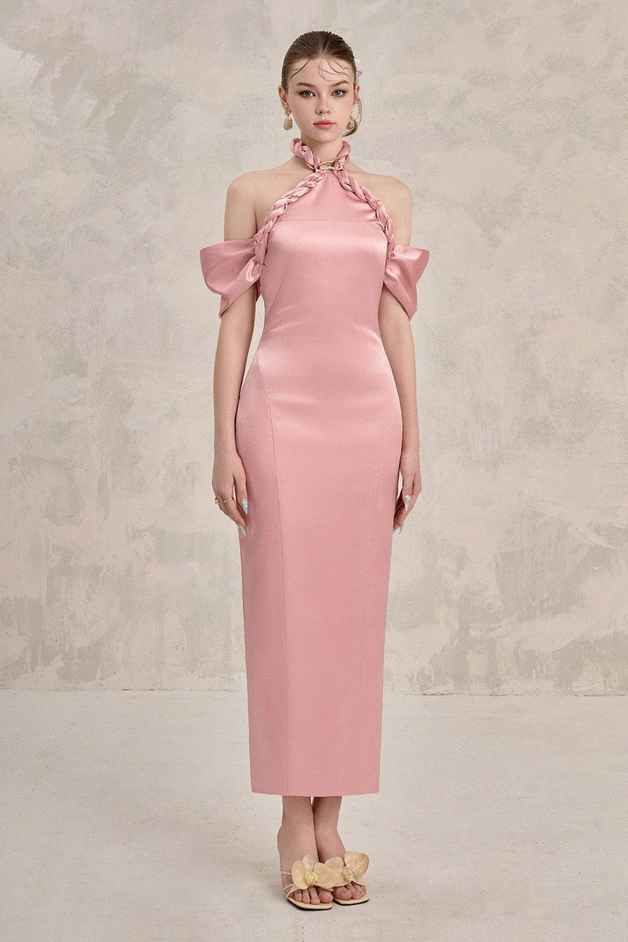 Avara Sheath Cold Shoulder Sleeved Silk Ankle Length Dress Pink Maxi Dress LINH PHUNG