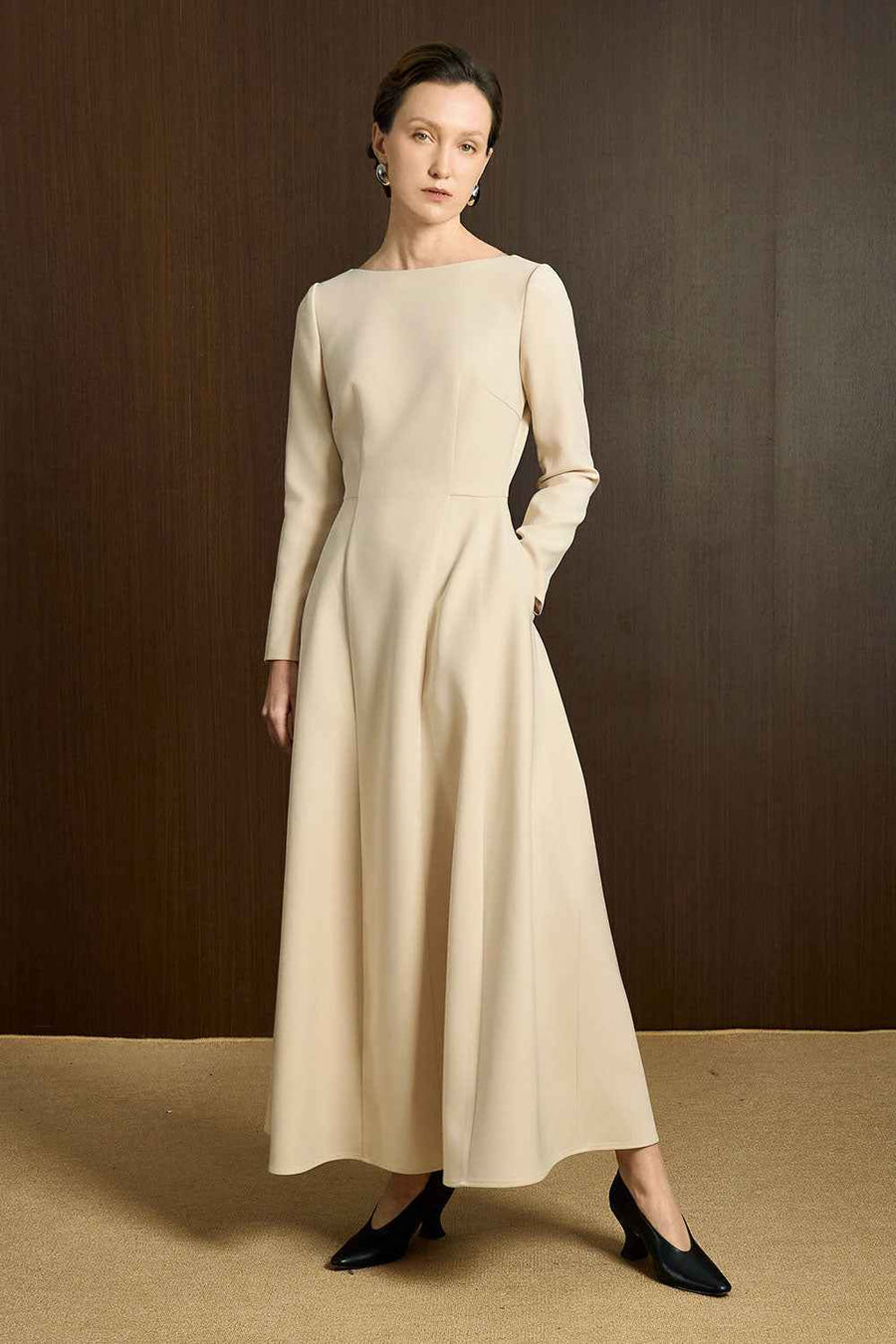 Dasier A-line Boat Neck Twill Ankle Length Dress