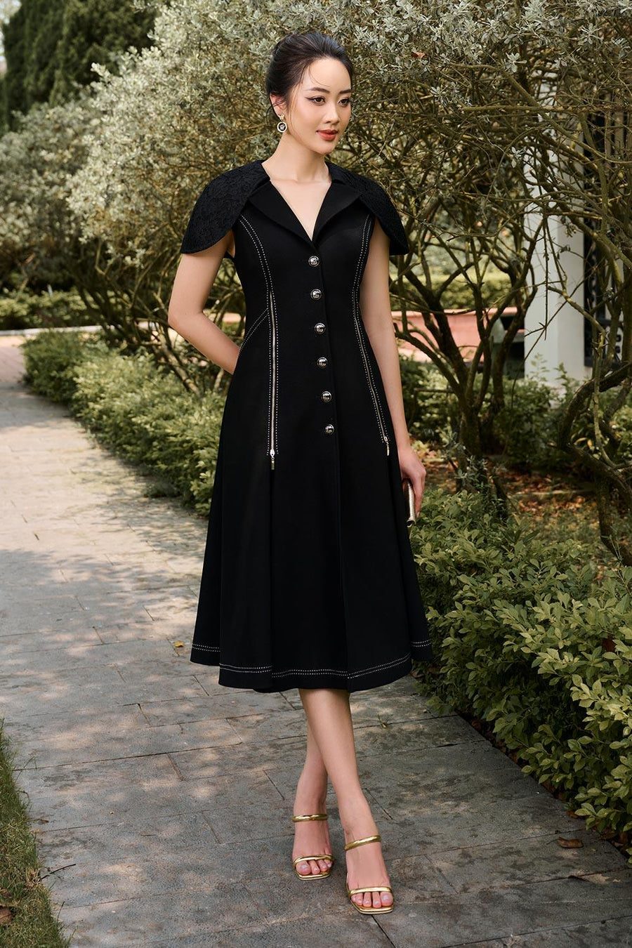 Gina A-line Cape Shoulder Gabardine Midi Dress Midi Dress CHANCOS