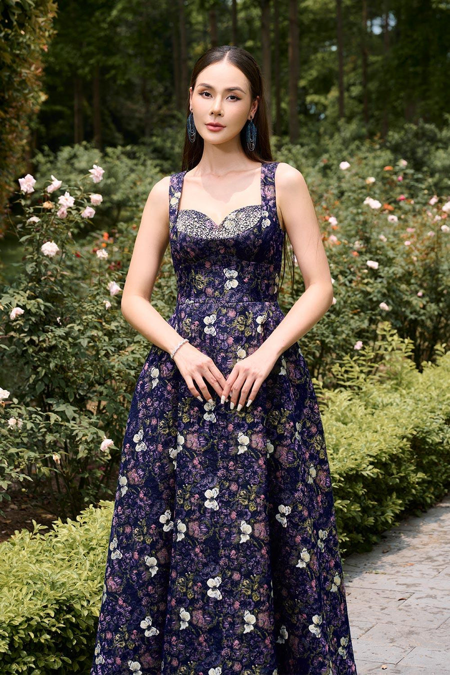Asia Fit and Flare Sleeveless Jacquard Ankle Length Dress Purple Gown Dress CHANCOS