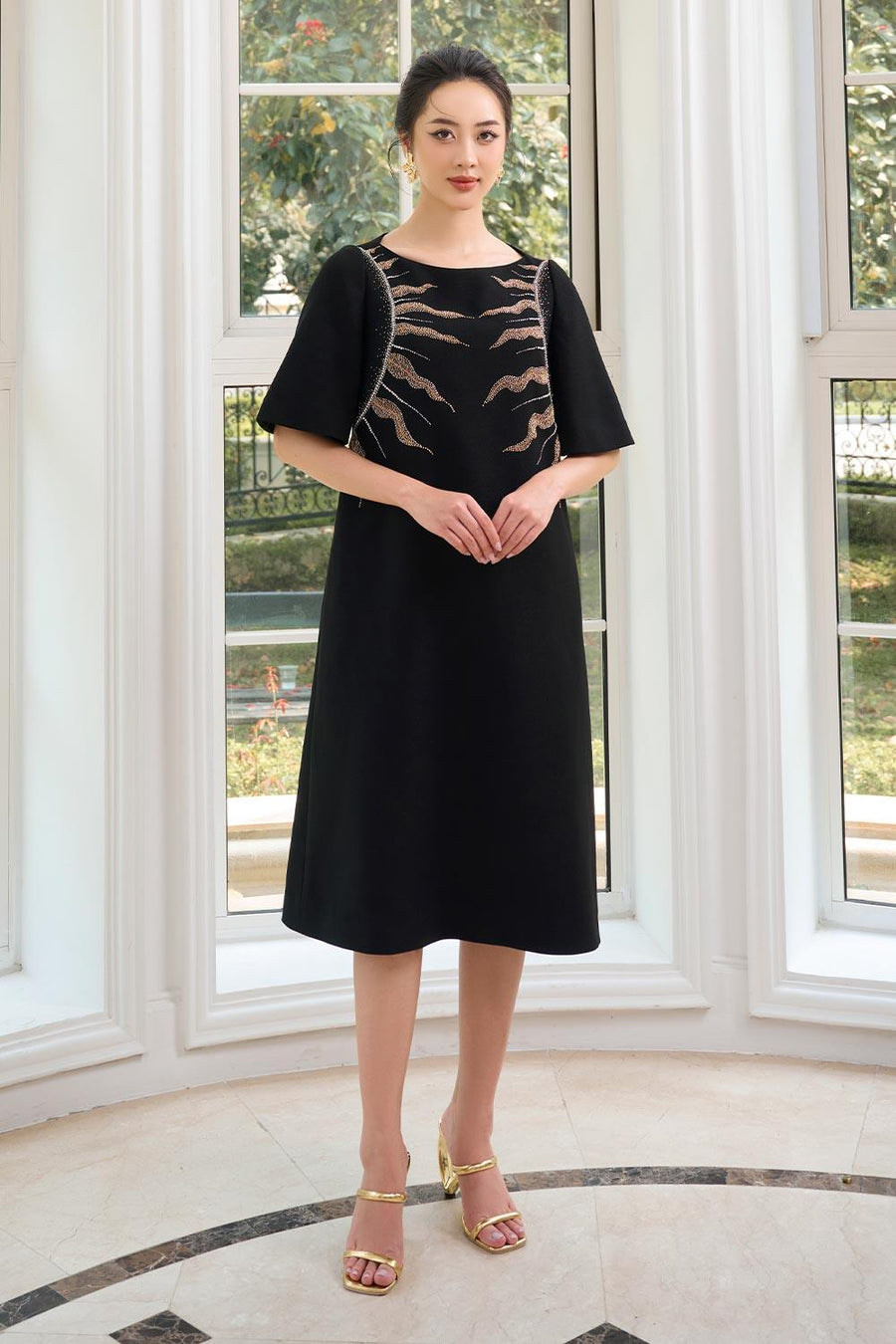 Teresa Trapezoid Flare Sleeved Gabardine Midi Dress Midi Dress CHANCOS