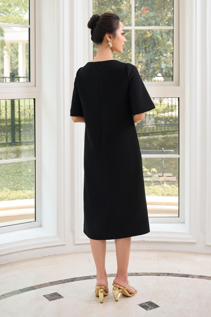 Teresa Trapezoid Flare Sleeved Gabardine Midi Dress Midi Dress CHANCOS