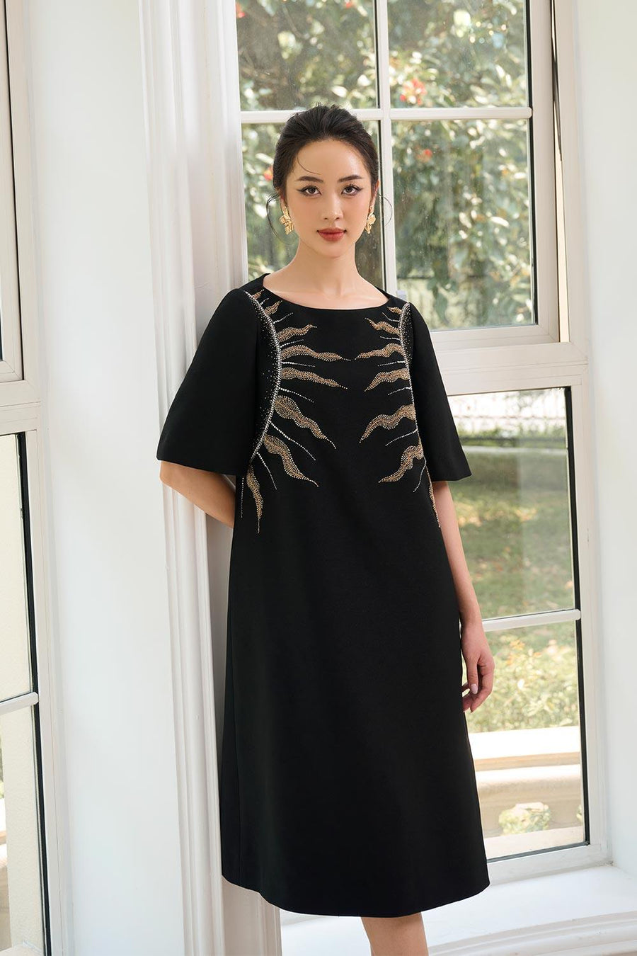 Teresa Trapezoid Flare Sleeved Gabardine Midi Dress Midi Dress CHANCOS