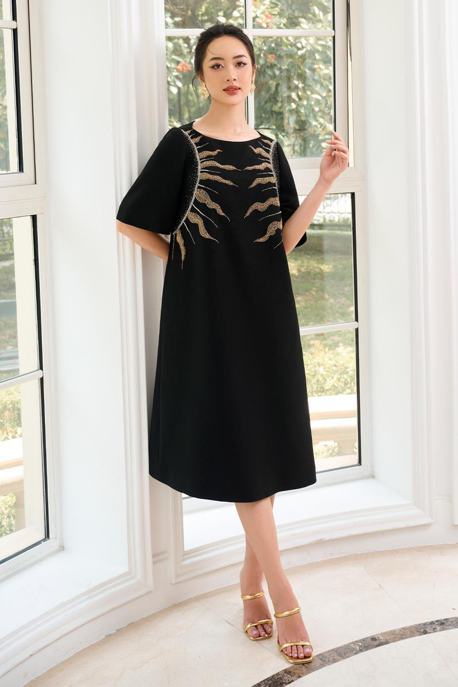 Teresa Trapezoid Flare Sleeved Gabardine Midi Dress Midi Dress CHANCOS