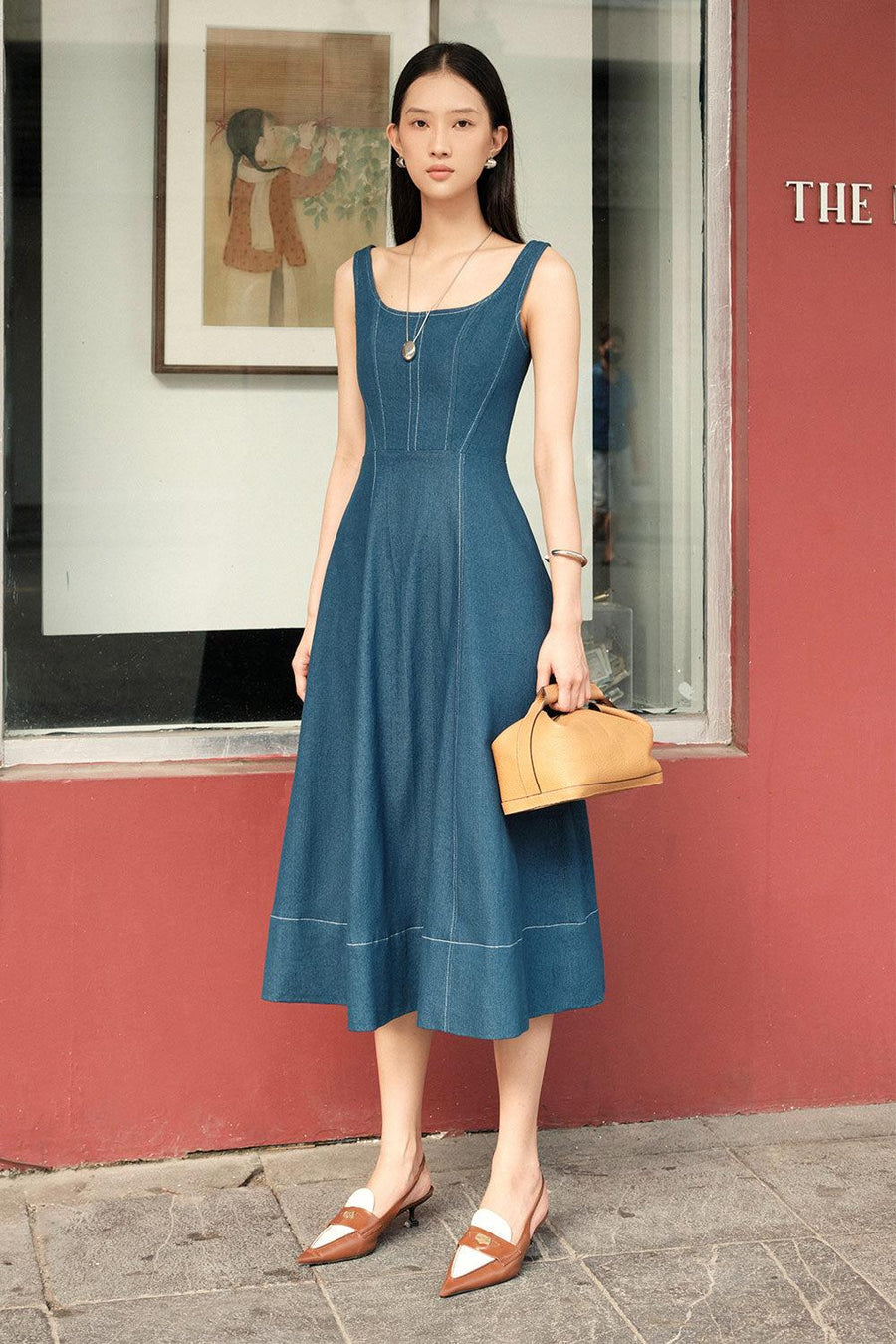 Turin A-line Loose Strap Cotton Denim Calf Length Dress 5