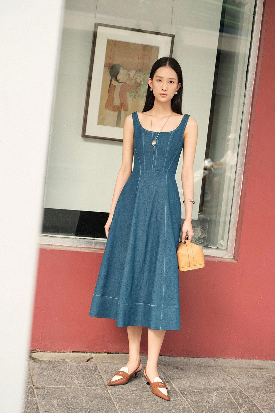 Turin A-line Loose Strap Cotton Denim Calf Length Dress 7
