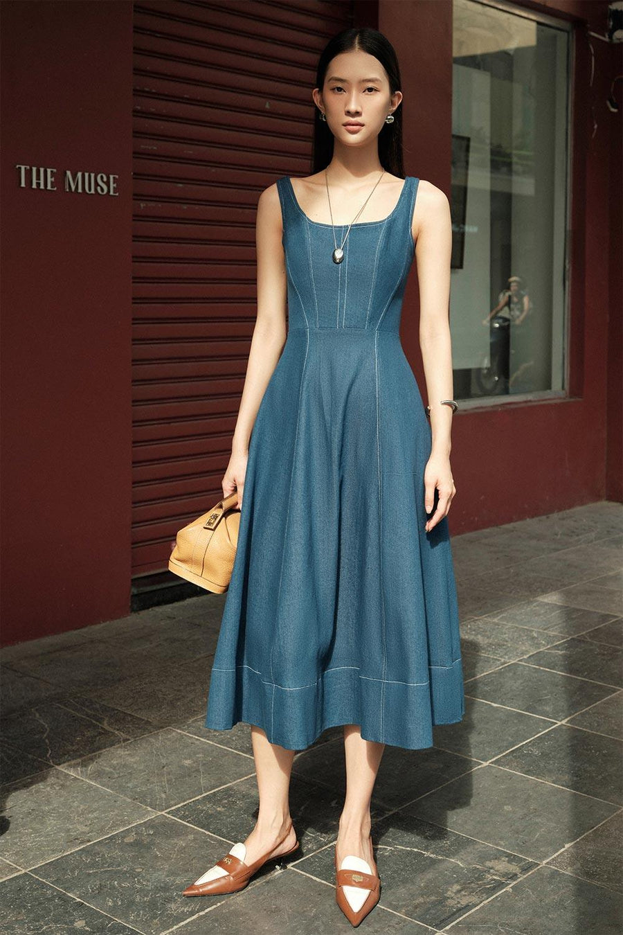 Turin A-line Loose Strap Cotton Denim Calf Length Dress 6