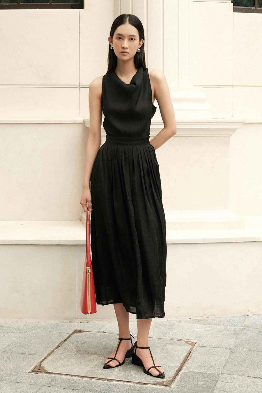Juniper Pleated Cowl Neck Silk Crepe Midi Dress