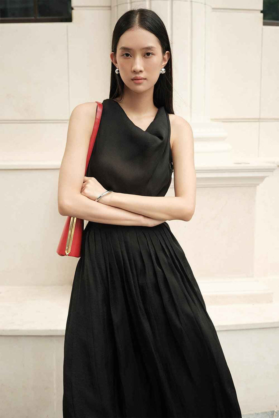 Juniper Pleated Cowl Neck Silk Crepe Midi Dress