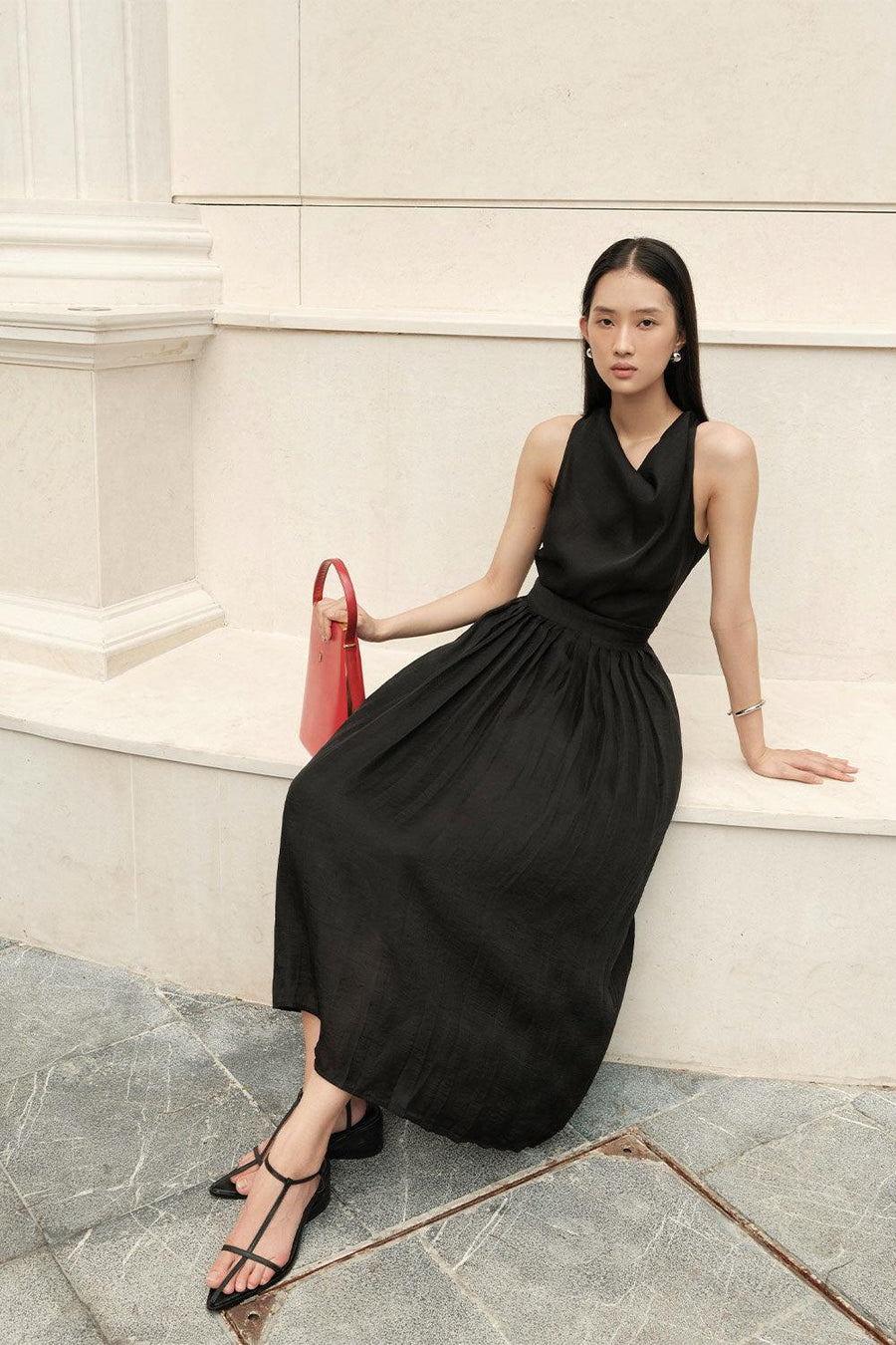 Juniper Pleated Cowl Neck Silk Crepe Midi Dress 8