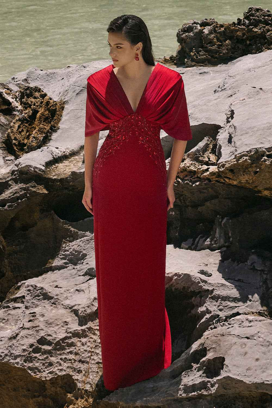 Alaia Sheath Cape Sleeved Crepe Floor Length Dress
