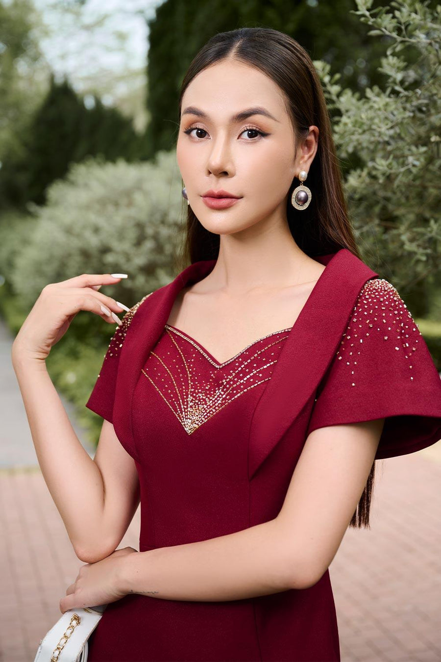 Cateline Pencil Semi-Heart Neck Gabardine Midi Dress Red Midi Dress CHANCOS